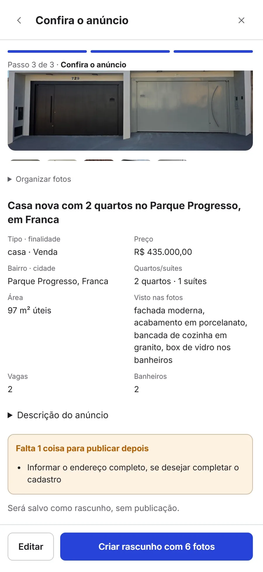 Tela do Buildnex Imob com o anúncio montado pela Arya: a fachada escolhida como capa, casa nova com 2 quartos no Parque Progresso, em Franca, R$ 435.000, e o que ela viu nas fotos.