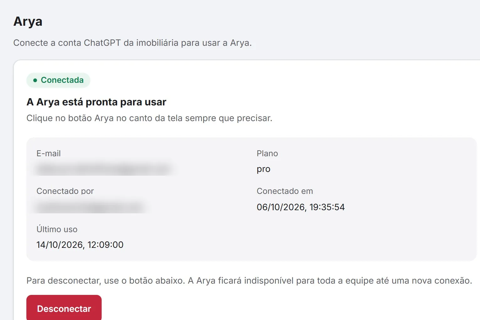 Configurações, Arya: conecte a conta ChatGPT da imobiliária. Status conectada e pronta para usar.