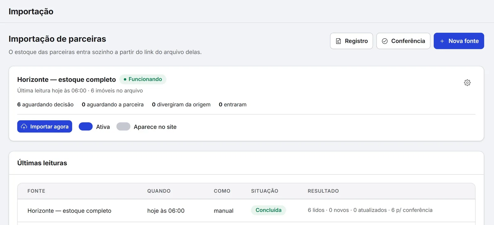 Tela de Importação de parceiras: fonte funcionando, botão importar agora e a lista das últimas leituras.