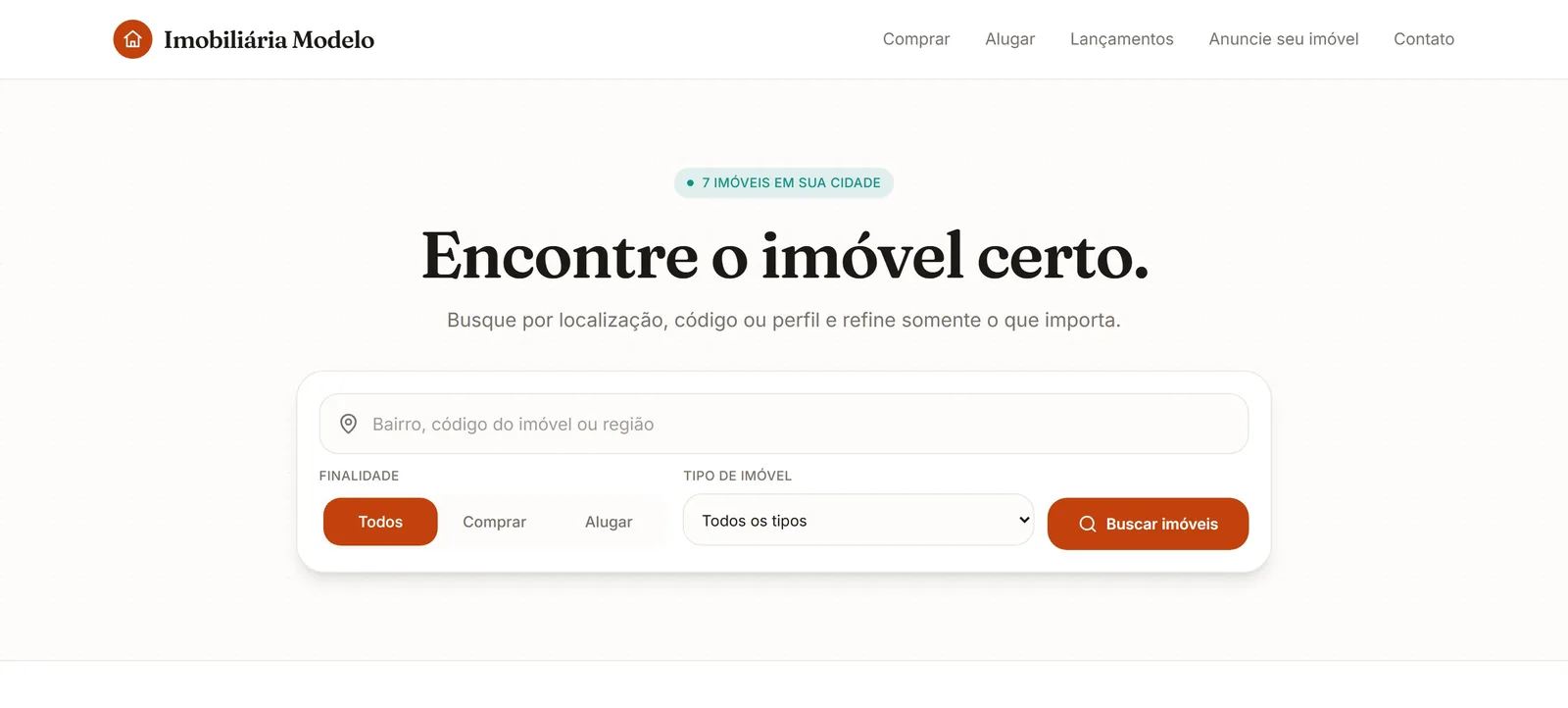 Site da imobiliária com busca por bairro, código ou região e filtros de compra e aluguel.